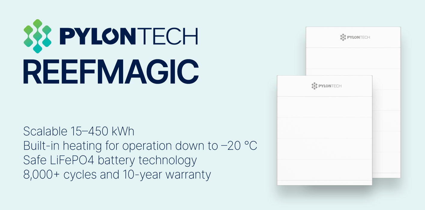 Pylontech ReefMagic is a modular LiFePO₄ battery storage system designed for reliable and flexible energy storage. Scalable from 15 to 450 kWh, with IP65 protection and integrated battery heating for Nordic climates. Discover Pylontech ReefMagic at KP Energy.
